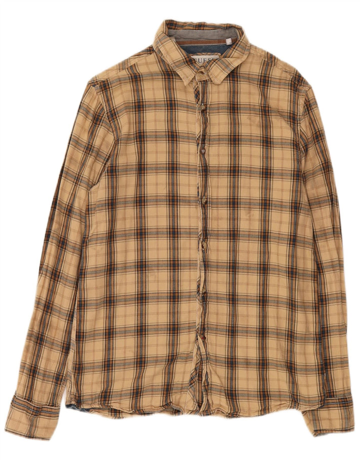 Guess Mens Flannel Shirt Small Beige Check Cotton