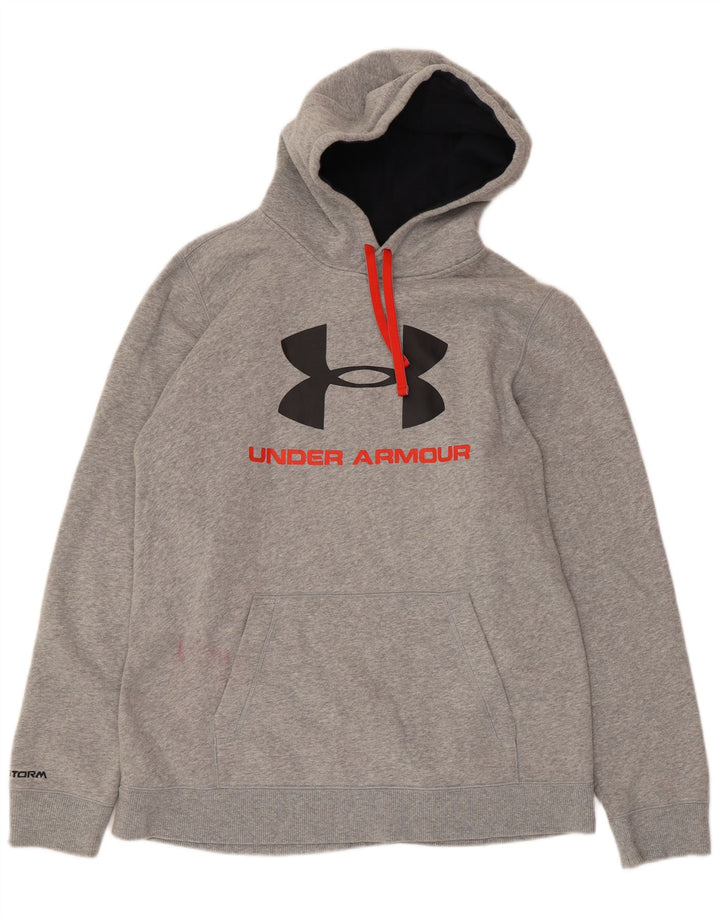UNDER ARMOUR Mens Graphic Hoodie Jumper Large Grey Flecked Cotton