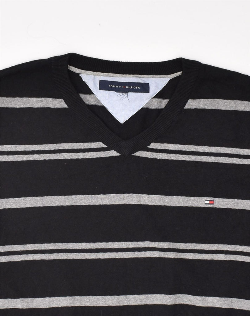 TOMMY HILFIGER Mens V-Neck Jumper Sweater Large Black Striped Cotton | Vintage Tommy Hilfiger | Thrift | Second-Hand Tommy Hilfiger | Used Clothing | Messina Hembry 