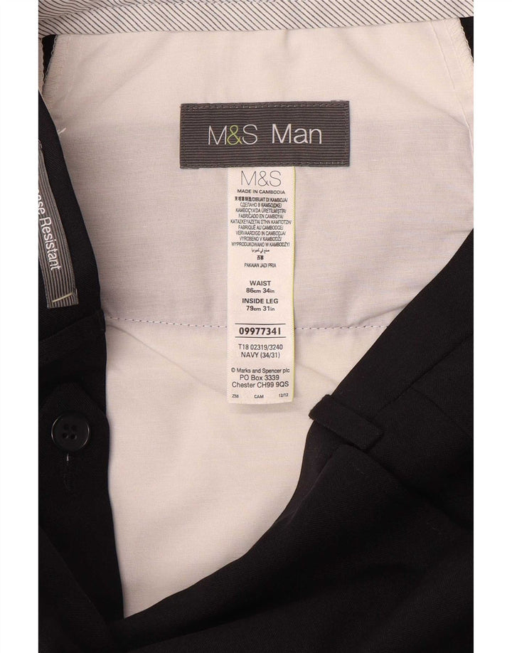 Marks & Spencer Mens Straight Suit Trousers W34 L31 Navy Blue Polyester