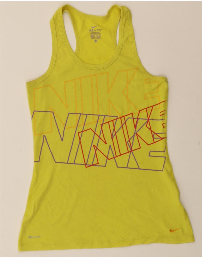NIKE Womens Graphic Vest Top UK 12 Medium Yellow Cotton Vintage Nike and Second-Hand Nike from Messina Hembry 