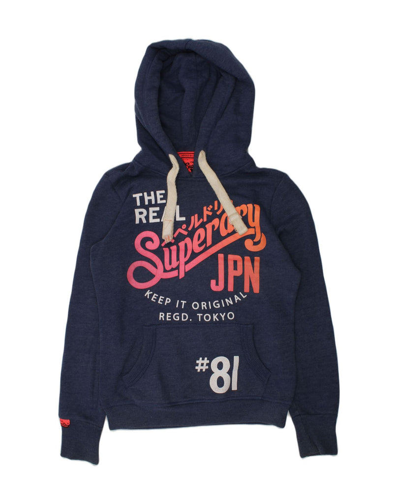 SUPERDRY Womens Graphic Hoodie Jumper UK 6 XS Navy Blue Cotton | Vintage Superdry | Thrift | Second-Hand Superdry | Used Clothing | Messina Hembry 