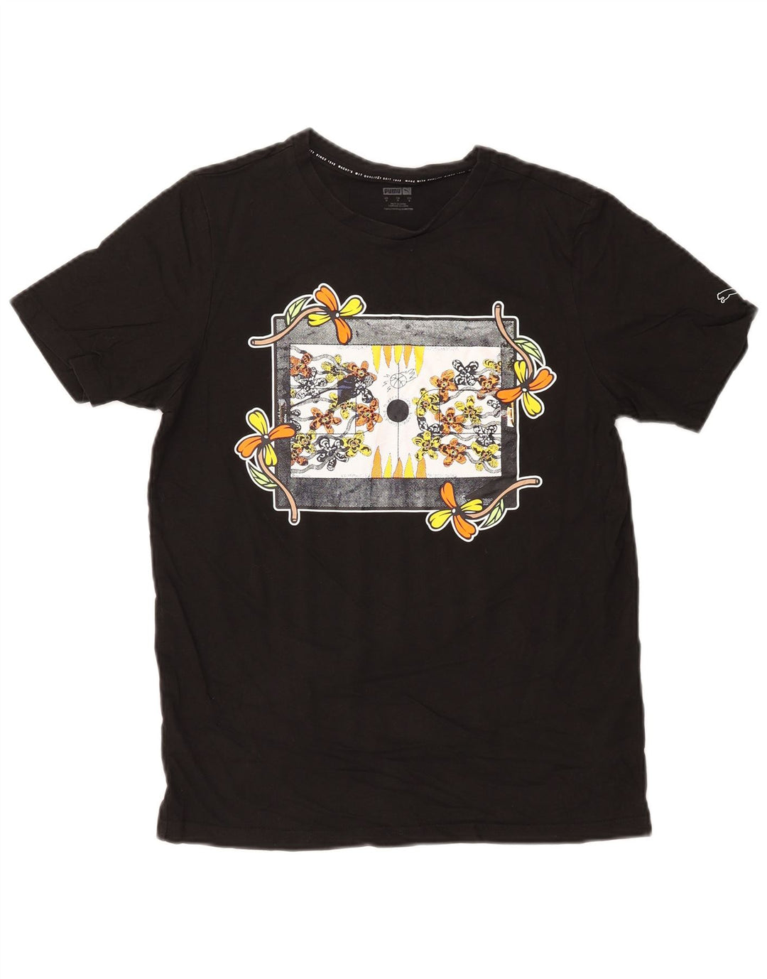 Puma Mens Graphic T-Shirt Top Small Black Floral Cotton Nature