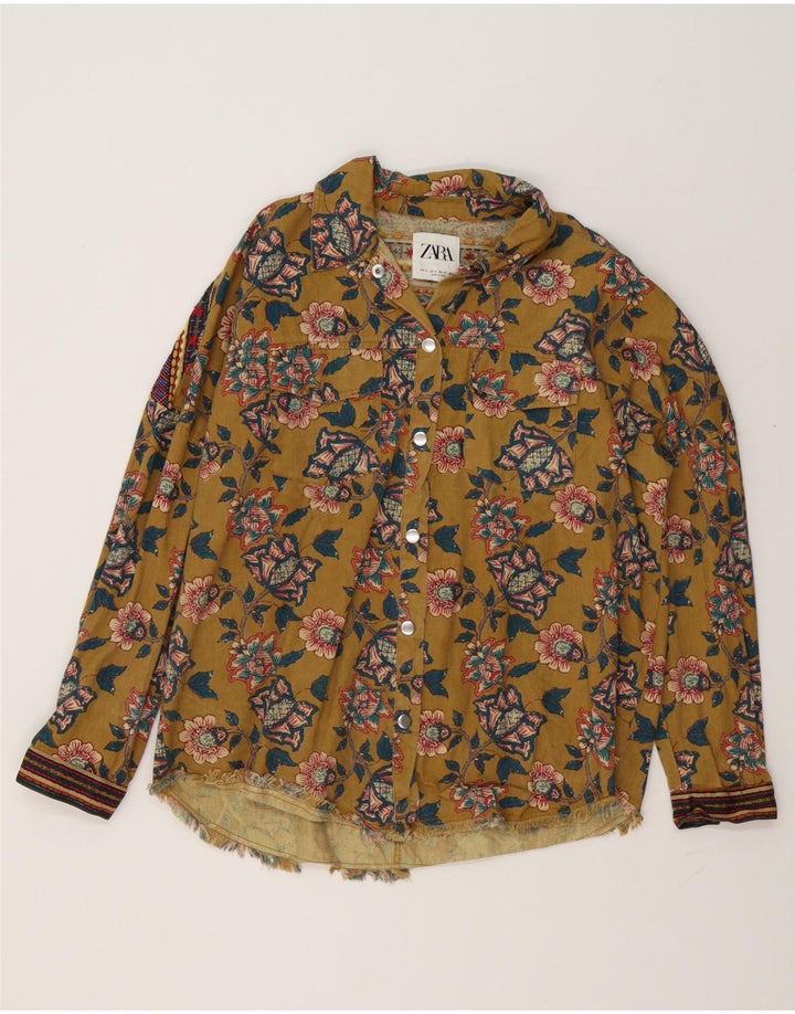Zara Womens Oversized Shirt UK 10 Small Khaki Floral