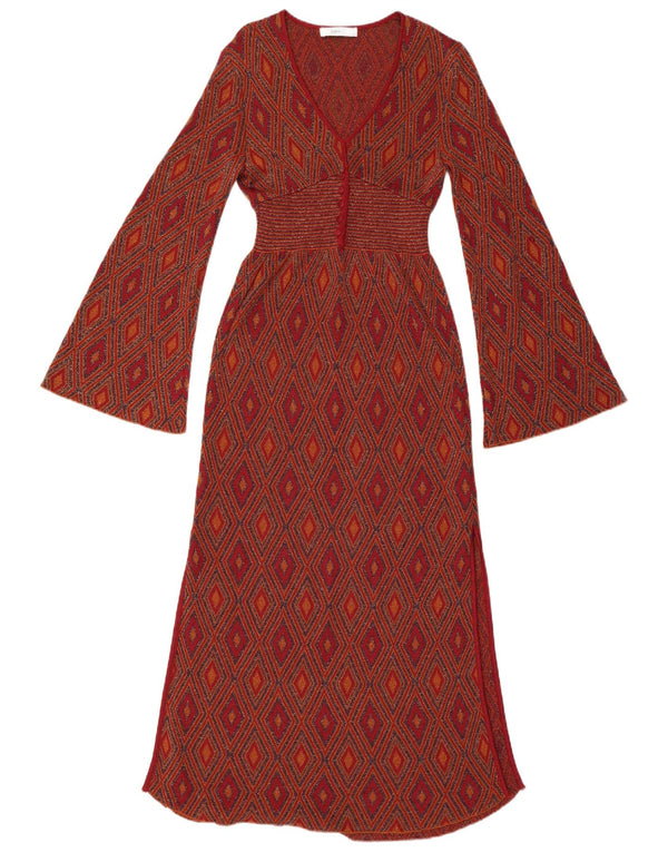 Zara Womens Long Sleeve Maxi Dress UK 8 Small Red Argyle/Diamond Viscose