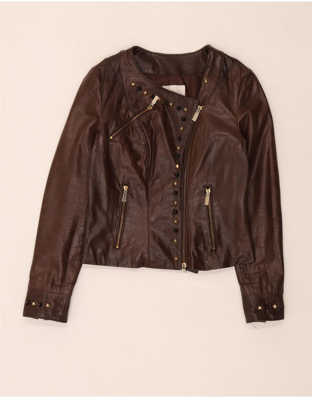 Vintage Womens Leather Biker Jacket IT 44 Medium Brown Leather