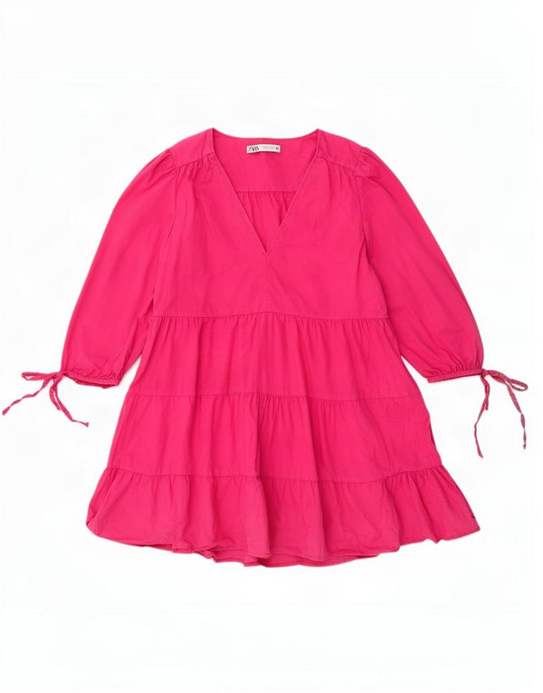 Zara Womens 3/4 Sleeve Tiered Dress UK 14 Medium Pink Cotton