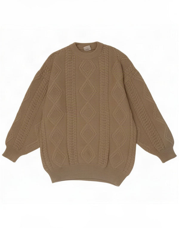 Vintage Mens Crew Neck Jumper Sweater Medium Khaki Geometric