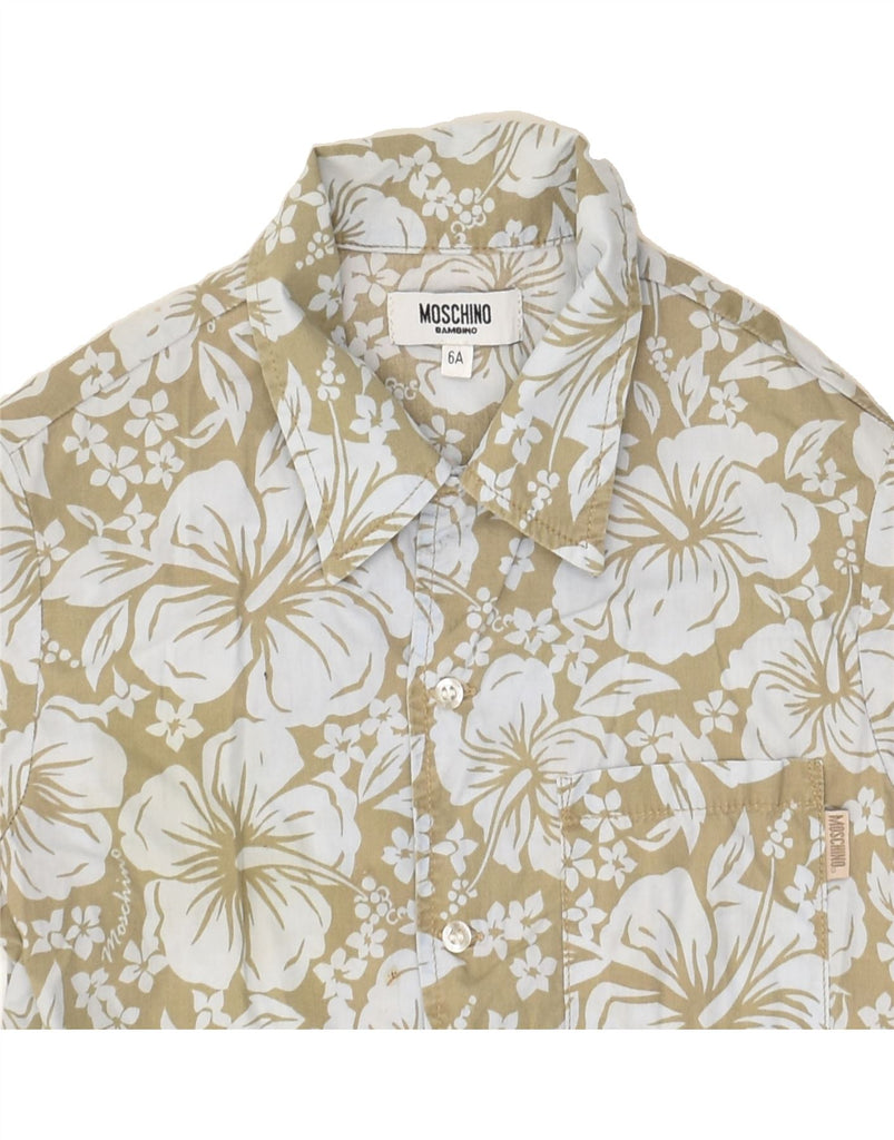 MOSCHINO Boys Short Sleeve Shirt 5-6 Years Grey Floral Cotton Hawaiian | Vintage Moschino | Thrift | Second-Hand Moschino | Used Clothing | Messina Hembry 