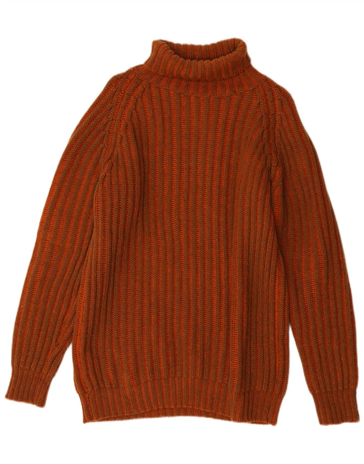 Vintage Mens Roll Neck Jumper Sweater Large Orange Striped Wool