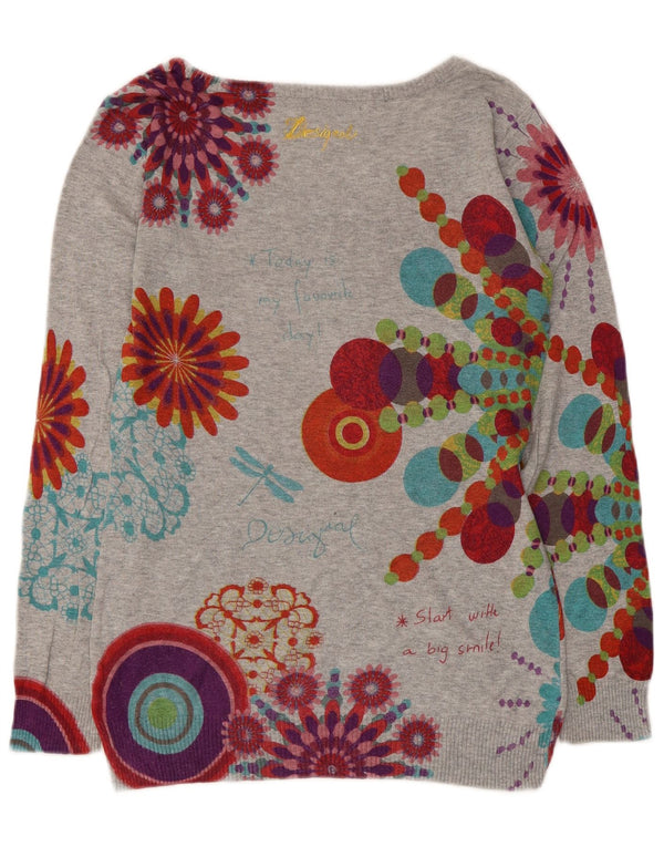 Desigual Womens Graphic Boat Neck Jumper Sweater UK 10 Small Grey Floral