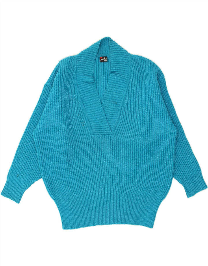 VINTAGE Womens Shawl Neck Jumper Sweater EU 40 Medium Blue Wool Vintage Vintage and Second-Hand Vintage from Messina Hembry 
