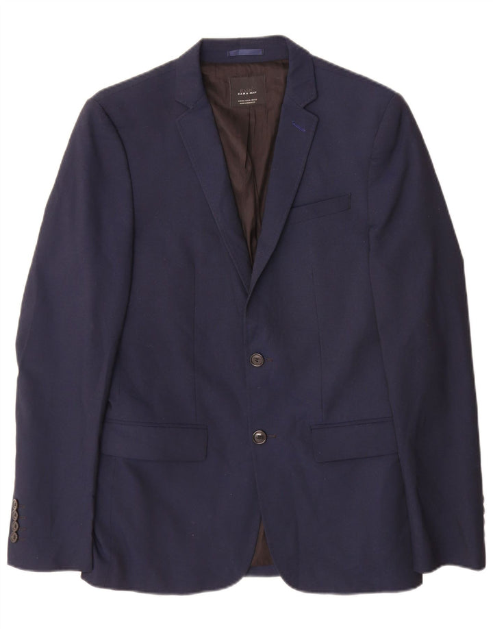 Zara Mens 2 Button Blazer Jacket EU 48 Medium Navy Blue Polyester