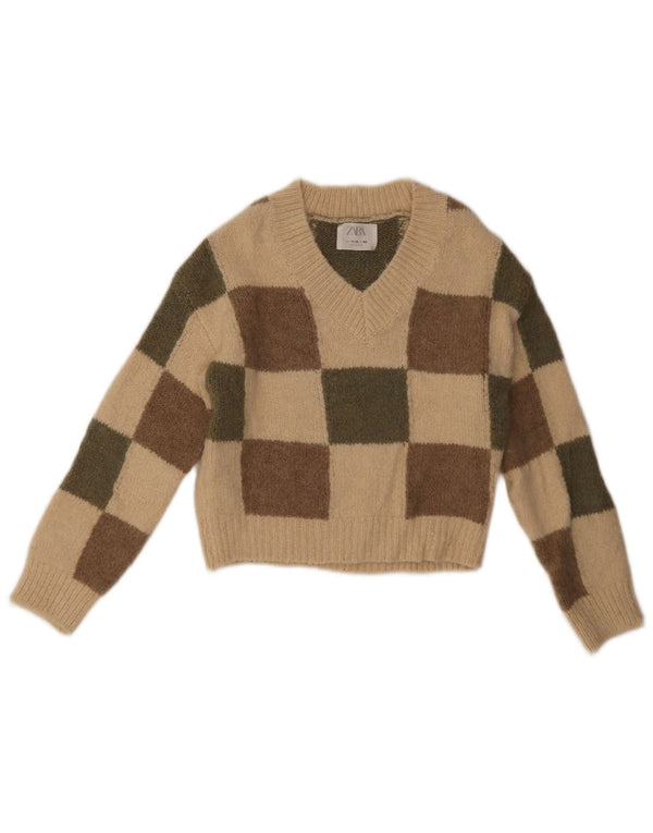 Zara Girls V-Neck Jumper Sweater 11-12 Years Beige Geometric