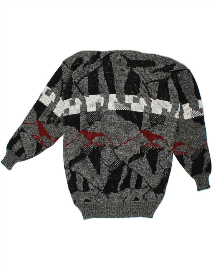 VINTAGE Mens Abstract Pattern V-Neck Jumper Sweater Large Grey Vintage Vintage and Second-Hand Vintage from Messina Hembry 