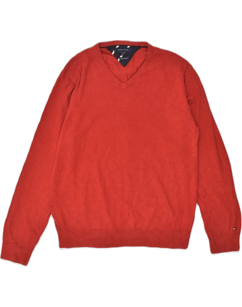 TOMMY HILFIGER Mens V-Neck Jumper Sweater XL Red Cotton | Vintage Tommy Hilfiger | Thrift | Second-Hand Tommy Hilfiger | Used Clothing | Messina Hembry 