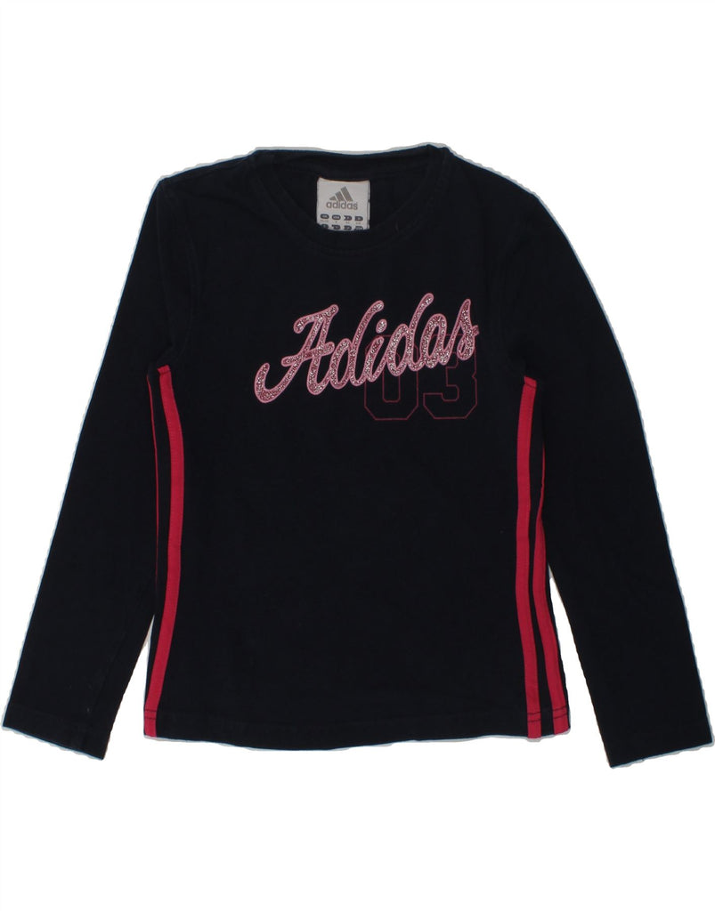 ADIDAS Girls Graphic Top Long Sleeve 7-8 Years Navy Blue Cotton | Vintage Adidas | Thrift | Second-Hand Adidas | Used Clothing | Messina Hembry 