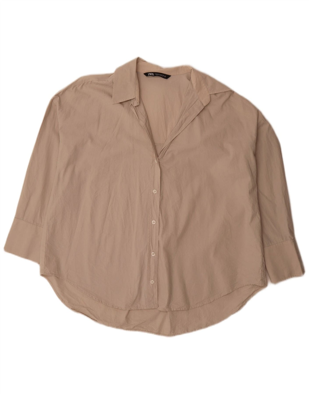 Zara Womens 3/4 Sleeve Oversized Shirt UK 14 Medium Beige Cotton