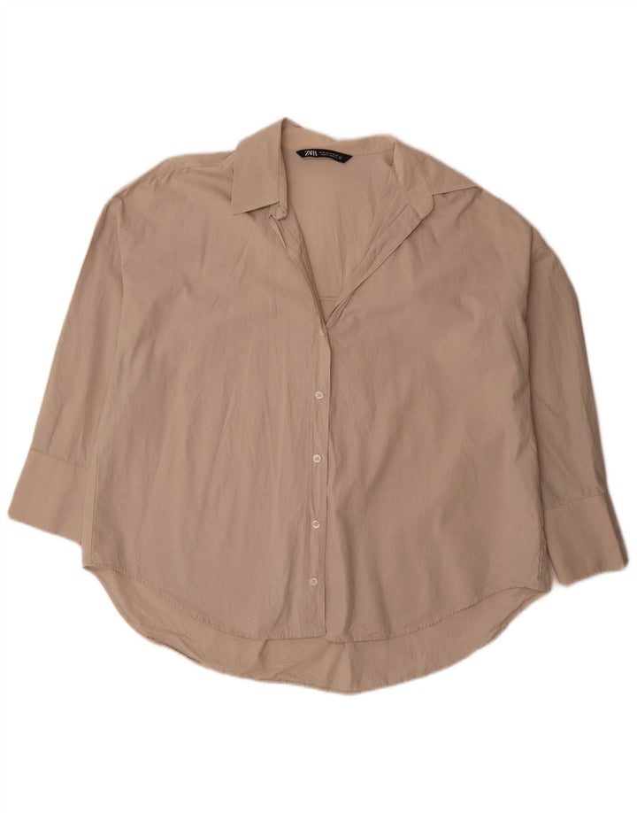 Zara Womens 3/4 Sleeve Oversized Shirt UK 14 Medium Beige Cotton