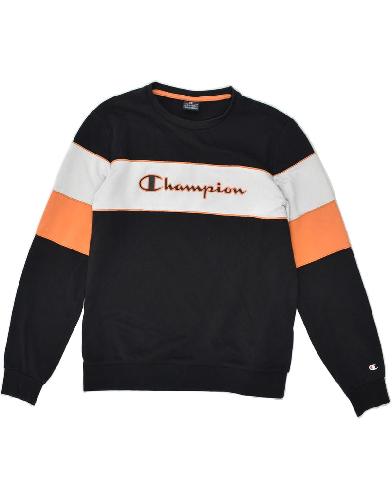 CHAMPION Boys Graphic Sweatshirt Jumper 15-16 Years 2XL Black Colourblock | Vintage Champion | Thrift | Second-Hand Champion | Used Clothing | Messina Hembry 