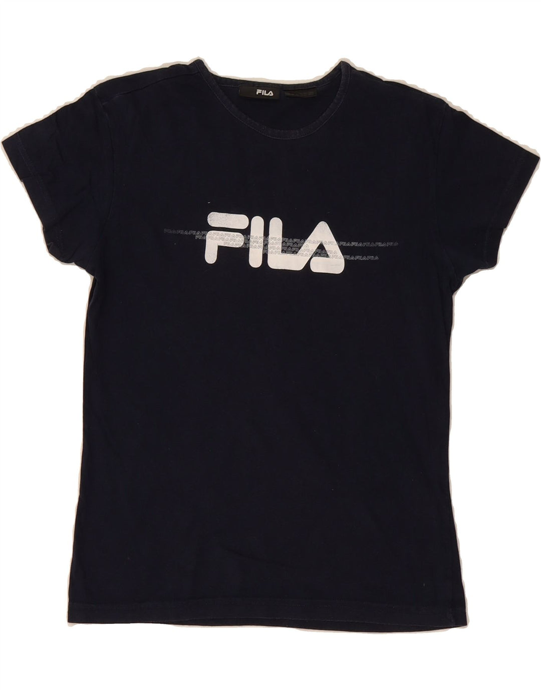 FILA Womens Graphic T-Shirt Top UK 12 Medium Navy Blue Cotton Vintage Fila and Second-Hand Fila from Messina Hembry 