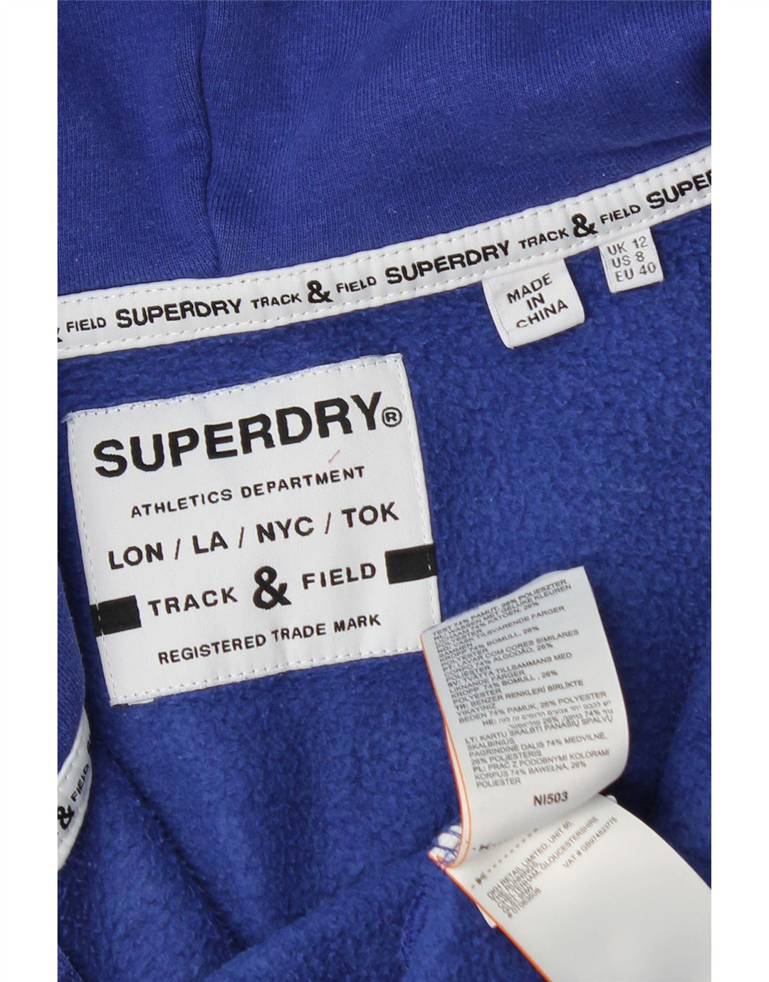 Superdry Womens Graphic Zip Hoodie Sweater UK 12 Medium Blue Cotton