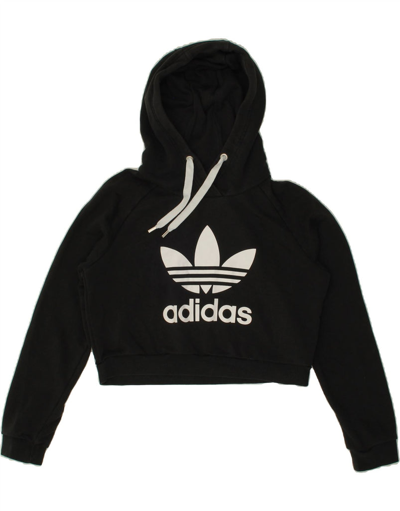 ADIDAS Womens Graphic Crop Hoodie Jumper UK 12 Medium Black Cotton Vintage Adidas and Second-Hand Adidas from Messina Hembry 