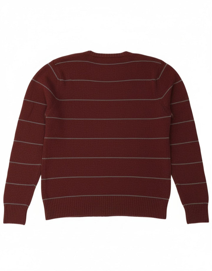 ZARA Mens V-Neck Jumper Sweater Large Burgundy Striped Wool