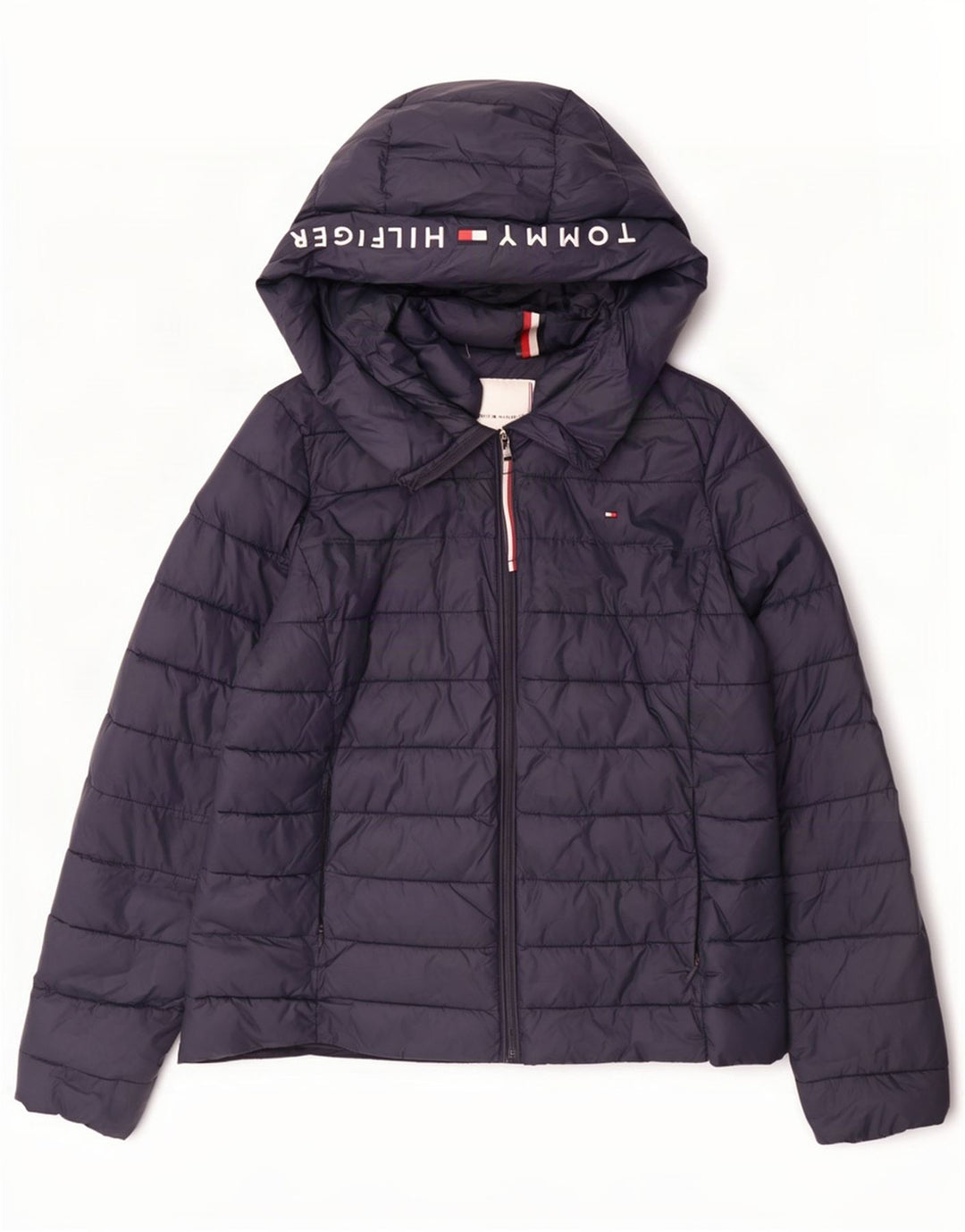 Tommy Hilfiger Womens Graphic Hooded Padded Jacket UK 14 Medium Navy Blue