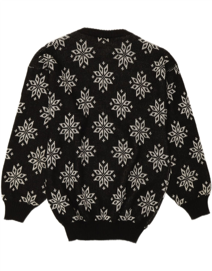 Vintage Womens Snowflake Crew Neck Jumper Sweater UK 14 Medium Black Retro