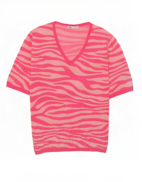 Zara Womens V-Neck Jumper Sweater UK 14 Medium Pink Animal Print