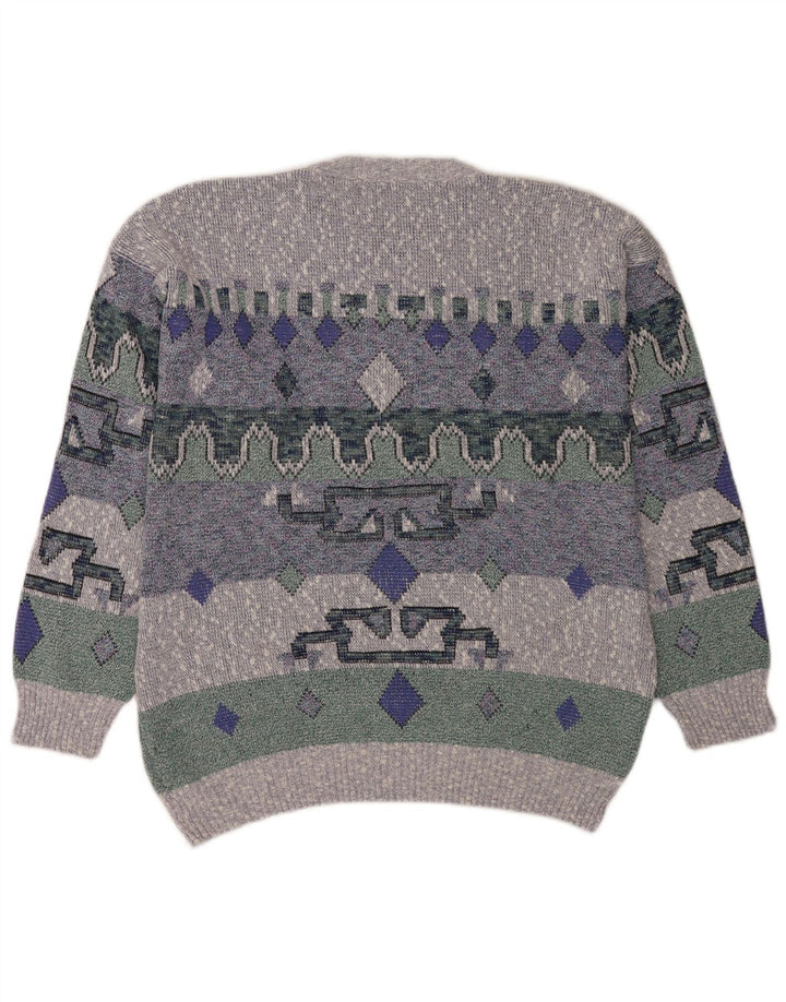Vintage Mens Crew Neck Jumper Sweater Large Blue Geometric
