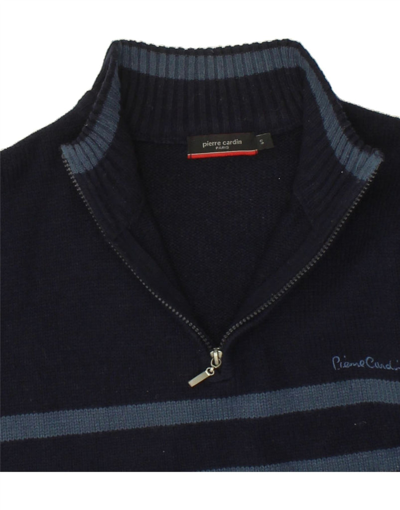 PIERRE CARDIN Mens Zip Neck Jumper Sweater Small Navy Blue Striped Acrylic | Vintage Pierre Cardin | Thrift | Second-Hand Pierre Cardin | Used Clothing | Messina Hembry 