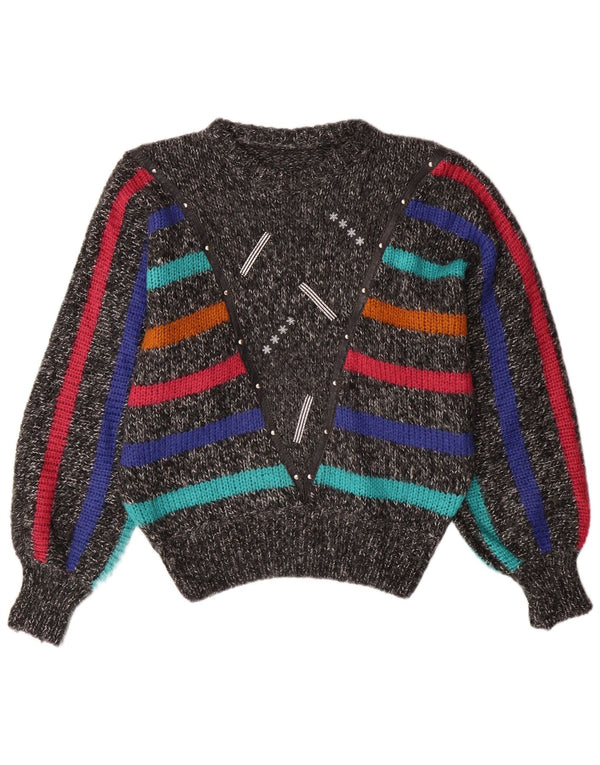 VINTAGE Womens Batwing Crew Neck Jumper Sweater UK 14 Medium Grey Striped