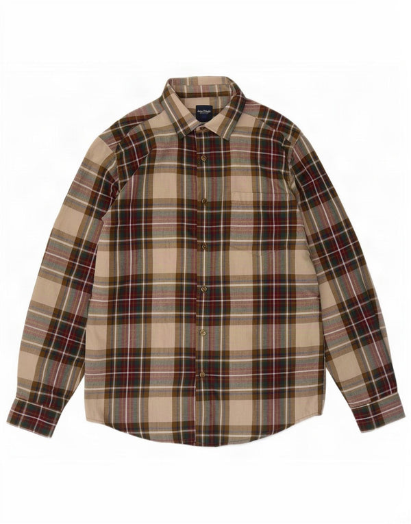 James Pringle Mens Flannel Shirt Small Beige Plaid Polyester