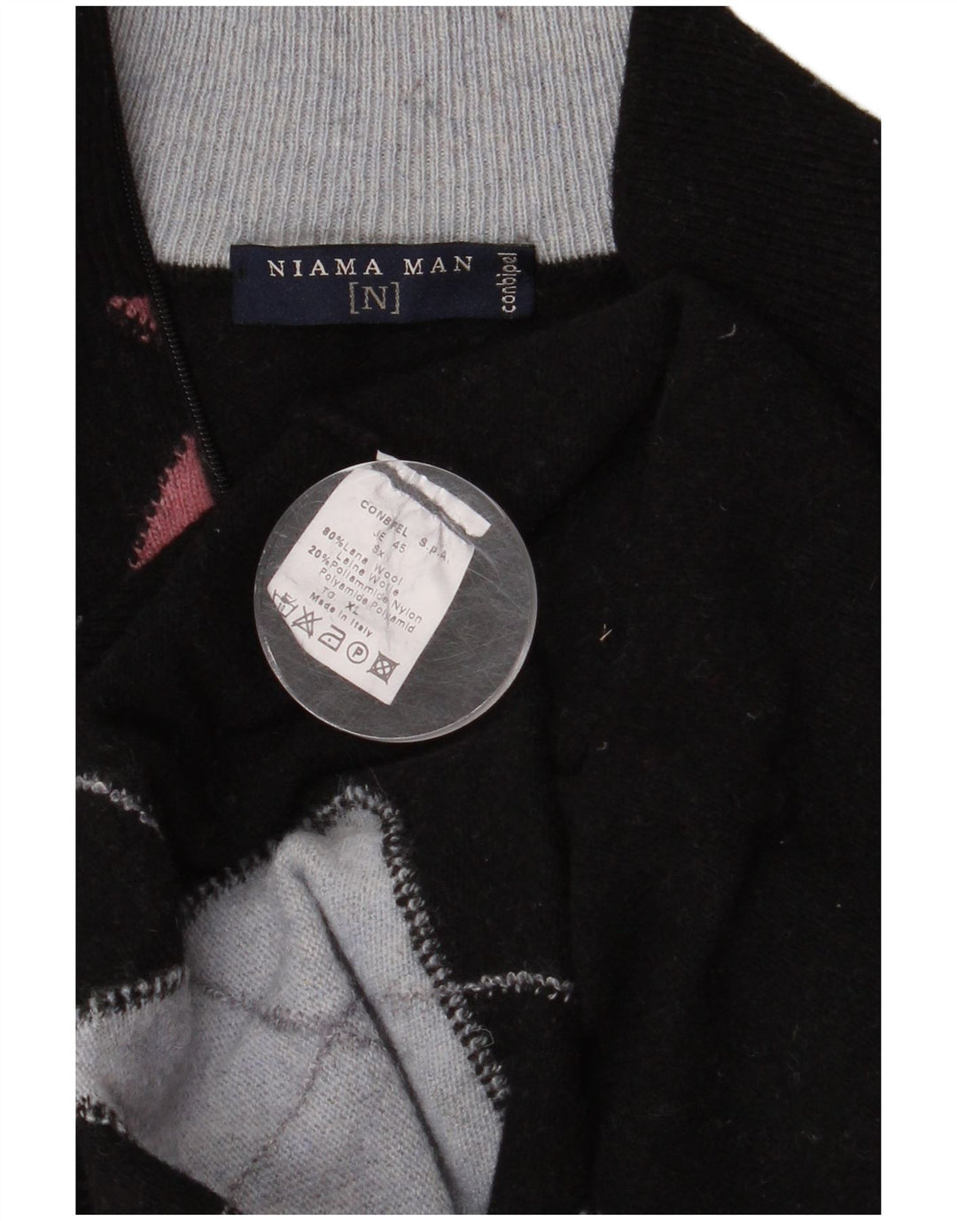 Conbipel Mens Niama Zip Neck Jumper Sweater XL Black Argyle/Diamond Wool