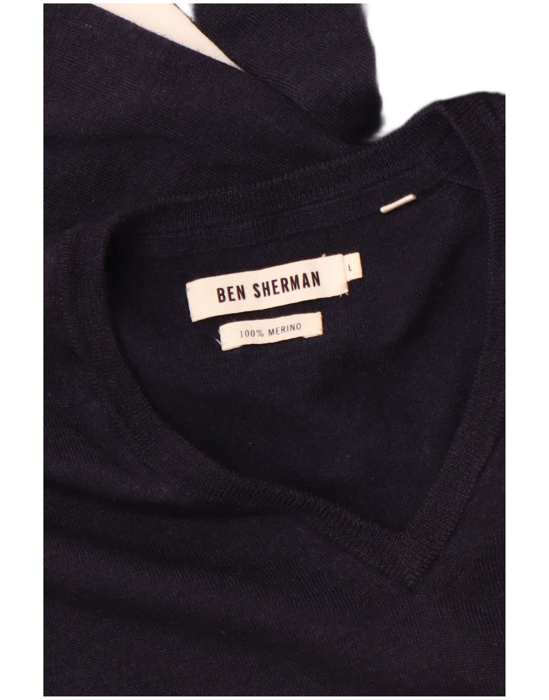 BEN SHERMAN Mens V-Neck Jumper Sweater Large Navy Blue Merino Wool
