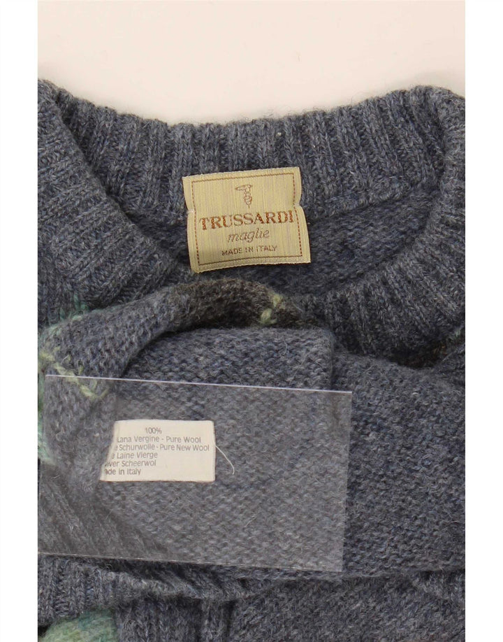 Trussardi Mens Crew Neck Jumper Sweater Medium Blue Argyle/Diamond Wool