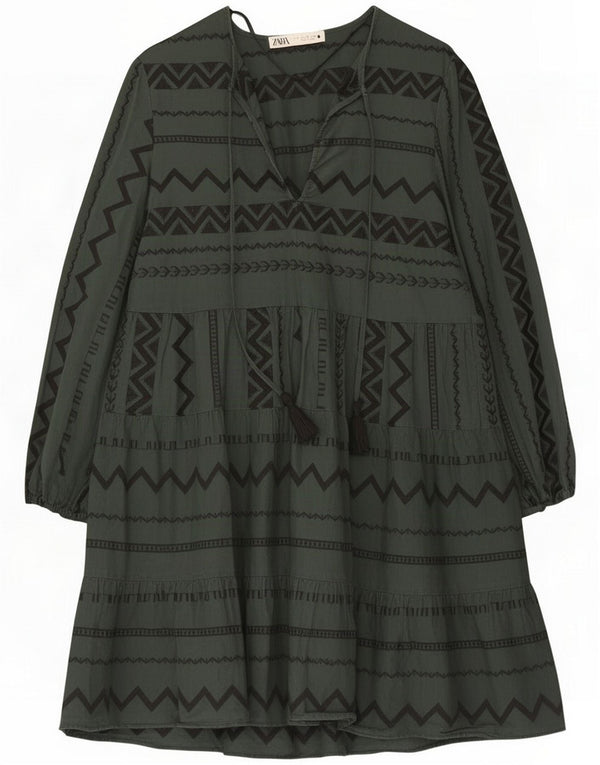 Zara Womens Long Sleeve Tiered Dress UK 10 Small Green Chevron