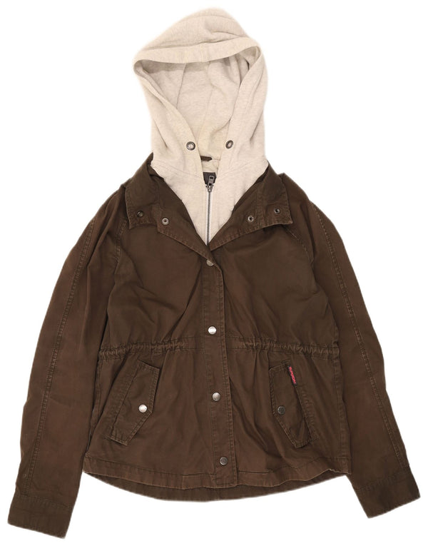Superdry Womens Hooded Bomber Jacket UK 14 Medium Khaki Colourblock Cotton