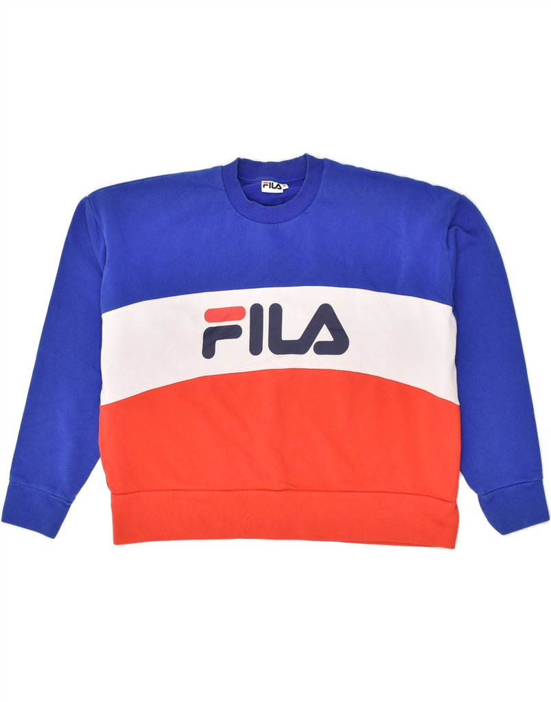 FILA Mens Graphic Sweatshirt Jumper Medium Blue Colourblock Cotton | Vintage Fila | Thrift | Second-Hand Fila | Used Clothing | Messina Hembry 