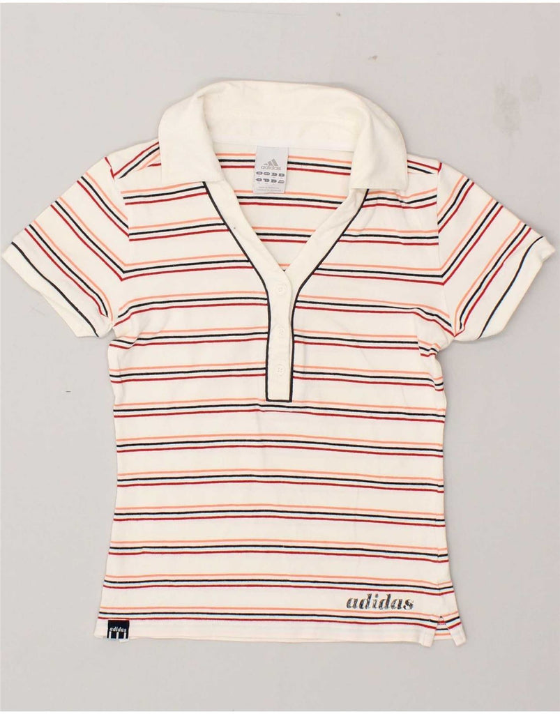 ADIDAS Womens Polo Shirt UK 12 Medium White Striped Cotton Vintage Adidas and Second-Hand Adidas from Messina Hembry 