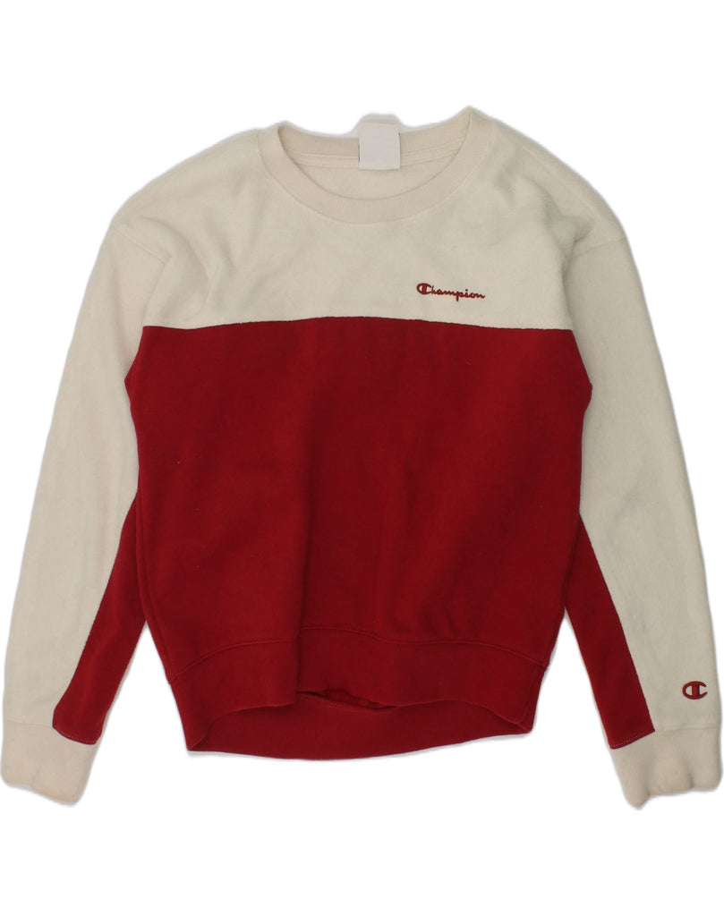 CHAMPION Girls Fleece Jumper 9-10 Years Medium  Red Colourblock Polyester | Vintage Champion | Thrift | Second-Hand Champion | Used Clothing | Messina Hembry 