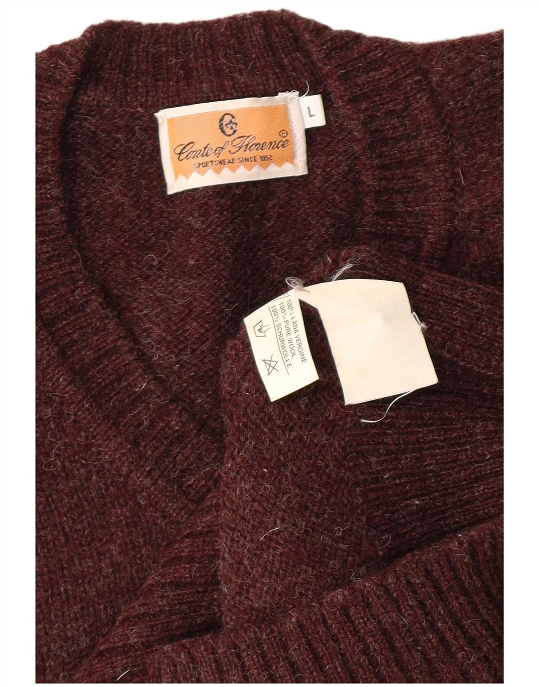 CONTE OF FLORENCE Mens V-Neck Jumper Sweater Large Burgundy Virgin Wool