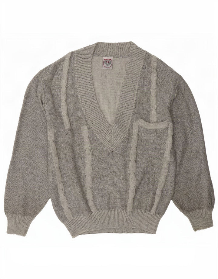 Marek Mens V-Neck Jumper Sweater Medium Grey Striped