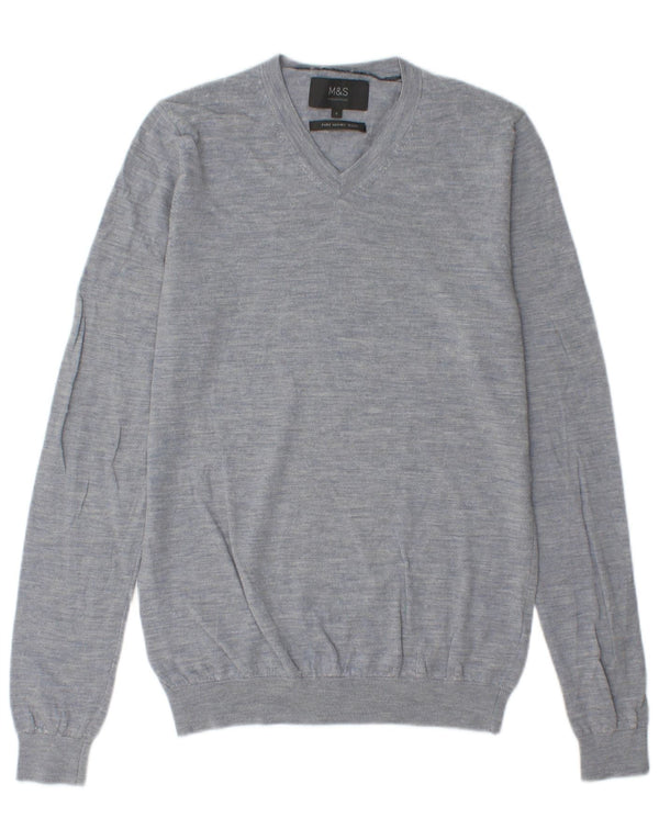Marks & Spencer Mens V-Neck Jumper Sweater Small Blue Flecked Merino Wool