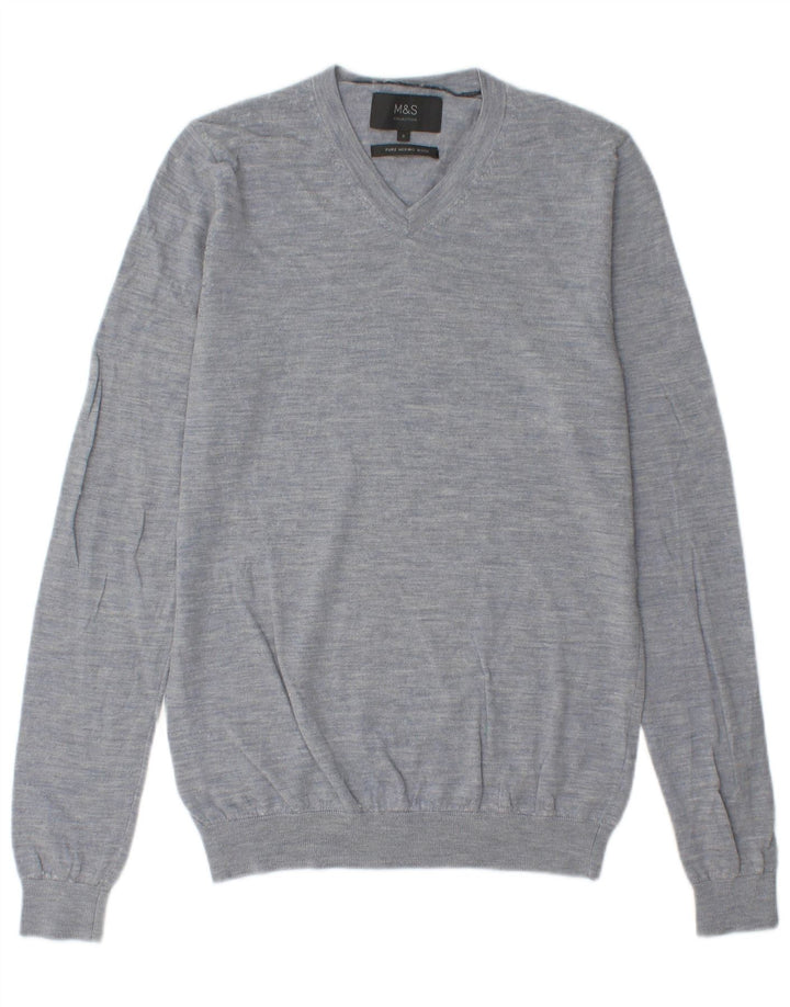 Marks & Spencer Mens V-Neck Jumper Sweater Small Blue Flecked Merino Wool