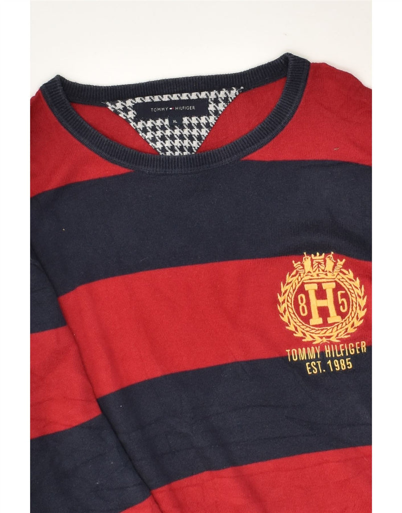 TOMMY HILFIGER Mens Crew Neck Jumper Sweater XL Red Striped Cotton | Vintage Tommy Hilfiger | Thrift | Second-Hand Tommy Hilfiger | Used Clothing | Messina Hembry 