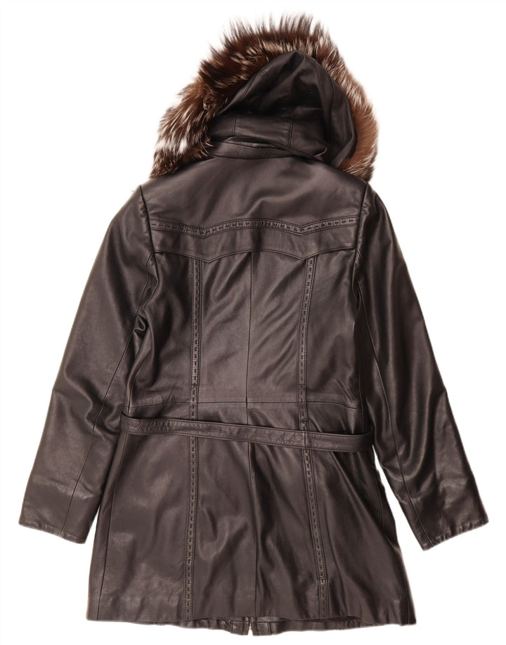 Vintage Womens Hooded Leather Coat UK 14 Medium Black