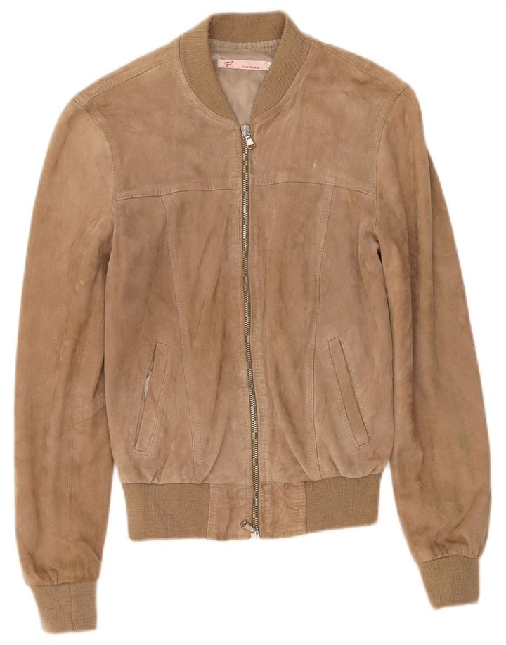 Vintage Womens Suede Bomber Jacket IT 42 Medium Beige Leather